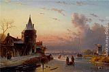 Famous Dusk Paintings - Skaters on a Frozen River at Dusk